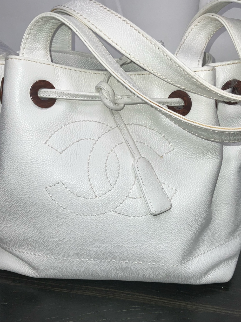 CHANEL White Caviar Leather Drawstring Tote with CC Stitching Vintage
